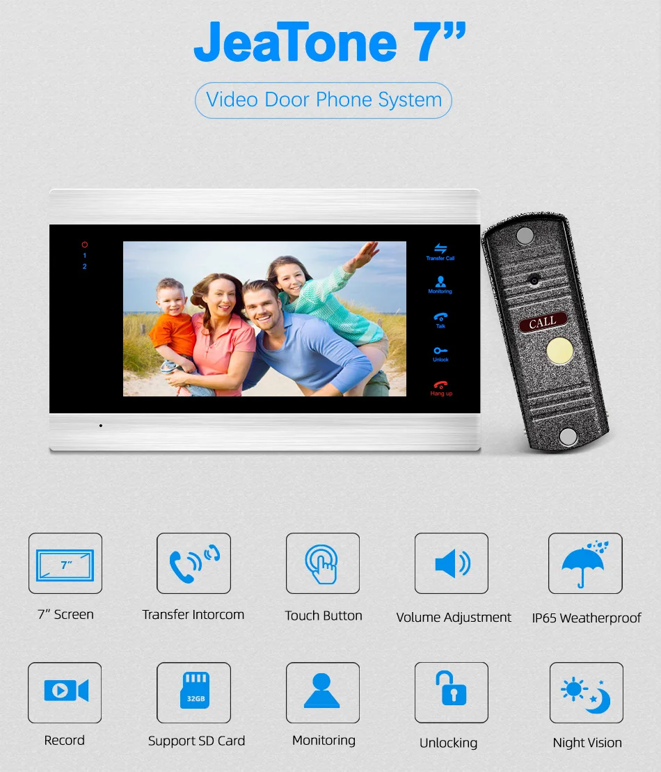 JeaTone 7 дюймов видео дверной звонок монитор домофон с 1200TVL наружная камера IP65 домофон система Поддержка Камера видеонаблюдения