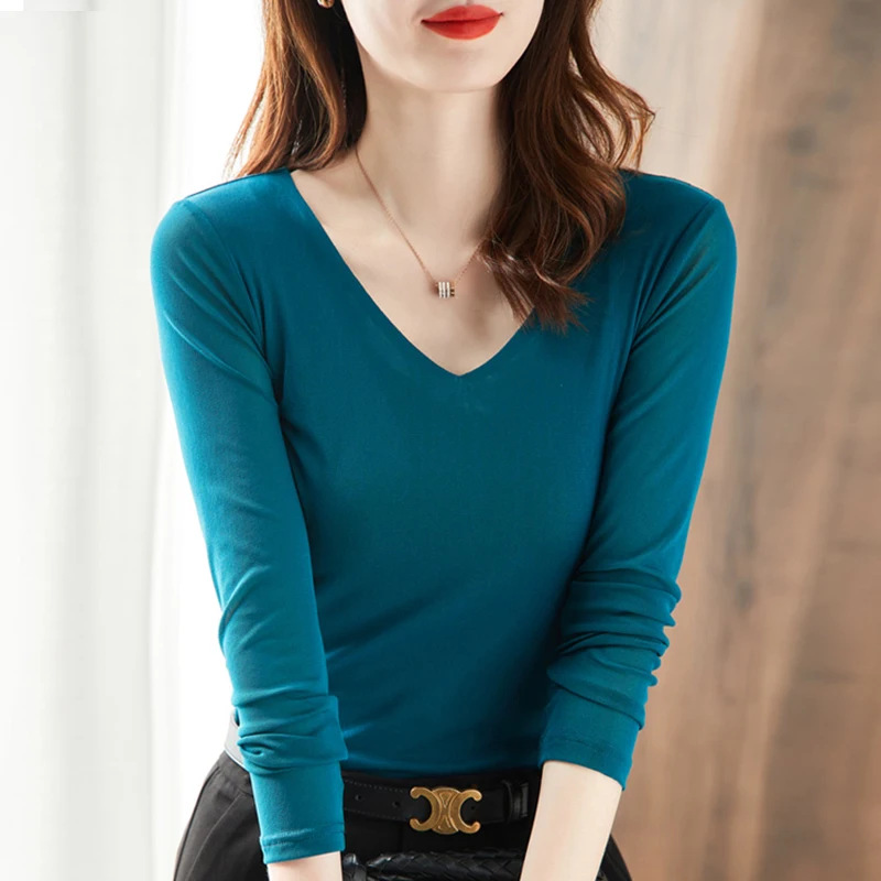 

2021 New Fashion Black Blue Tops Womens T Shirt Sexy Slim Long Sleeve Blusas Under Elastic V-Neck T-Shirt Women Tee Shirt Femme