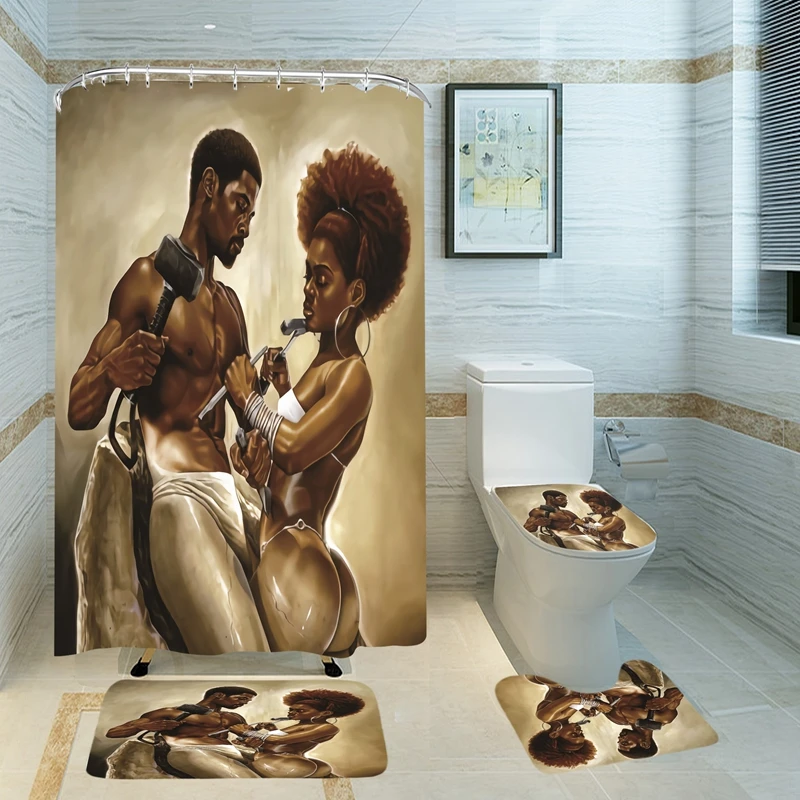 Черные африканские и американские занавески для влюбленных пар для ванной комнаты и душа, противоскользящий ковер для ванной комнаты, набо...