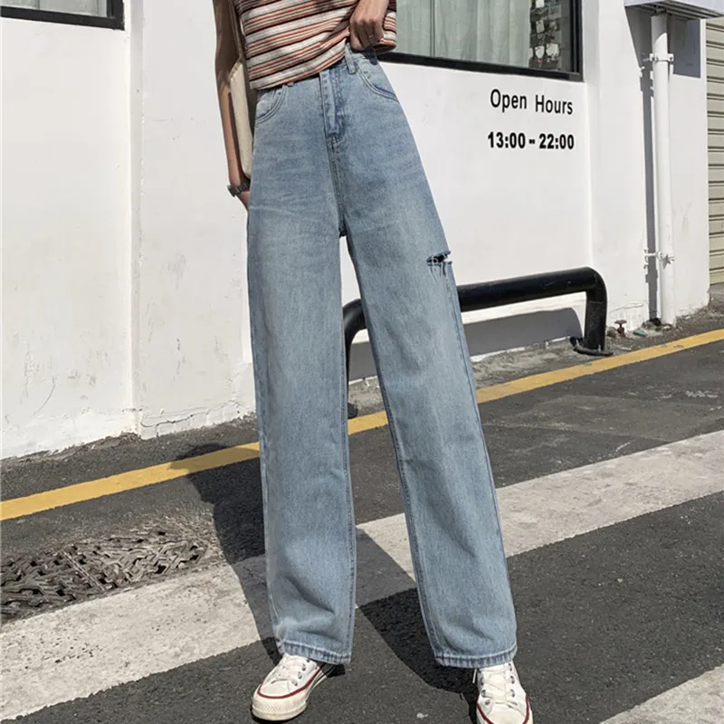 

Woman Jeans High Waist Ripped Jeans 2021 Sale Items For Clothes Wide Leg Denim Clothing Blue Streetwear Fashion Vintage Pants