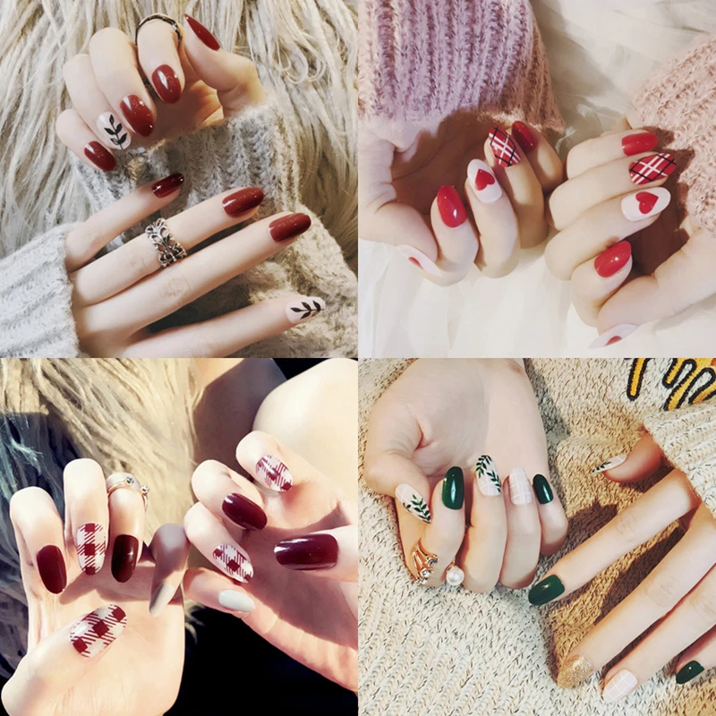 24 шт./компл. модный дизайн маникюрный зеленый лист Набор накладных ногтей советы