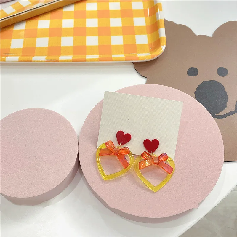 

New Women Fashion Acrylic Bowknot Colorful Transparent Love Heart Hollow Drop Earrings for Girls Sweet Jewelry Accessories