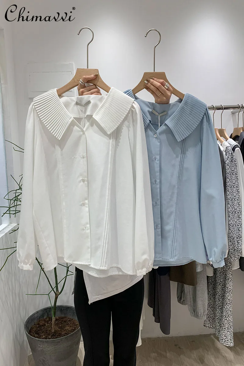 

2021 Women's New Turn-down Collar Long-Sleeved Shirt Casual Loose Spring Fashion Solid Color Top All-matching Folds Sweet Blouse