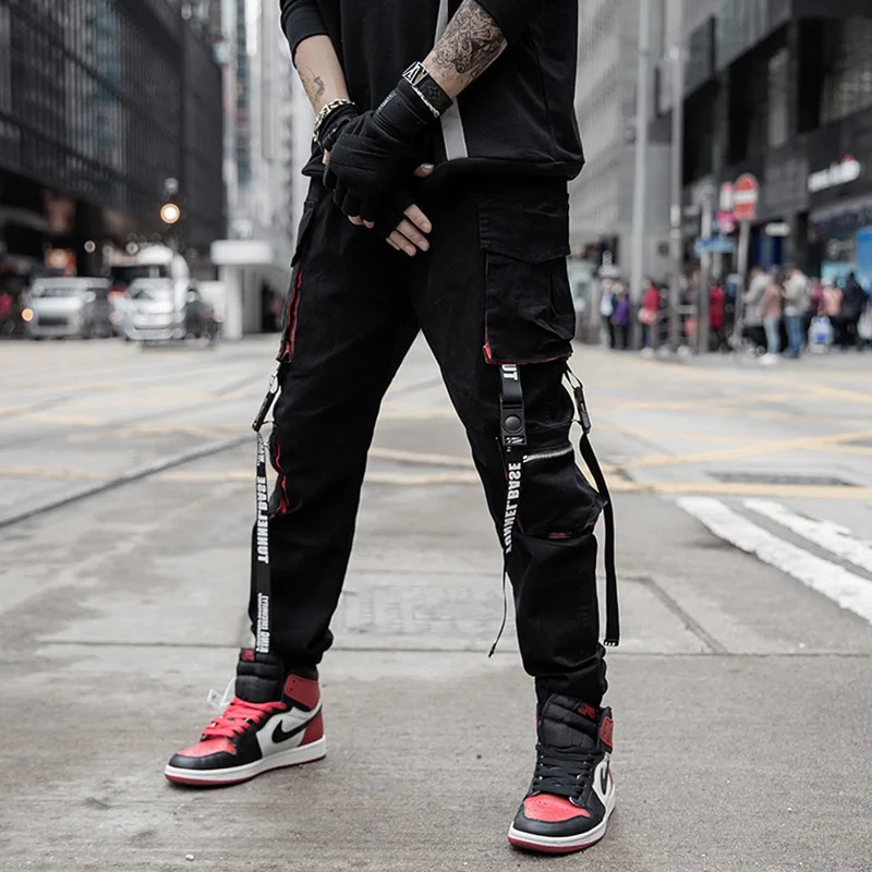 

Safari Style Japanese Fashion Mens Hip Hop Clothing Streetwear Cargo Pants Ribbons Techwear Joggers Trousers Motorcycle Punk