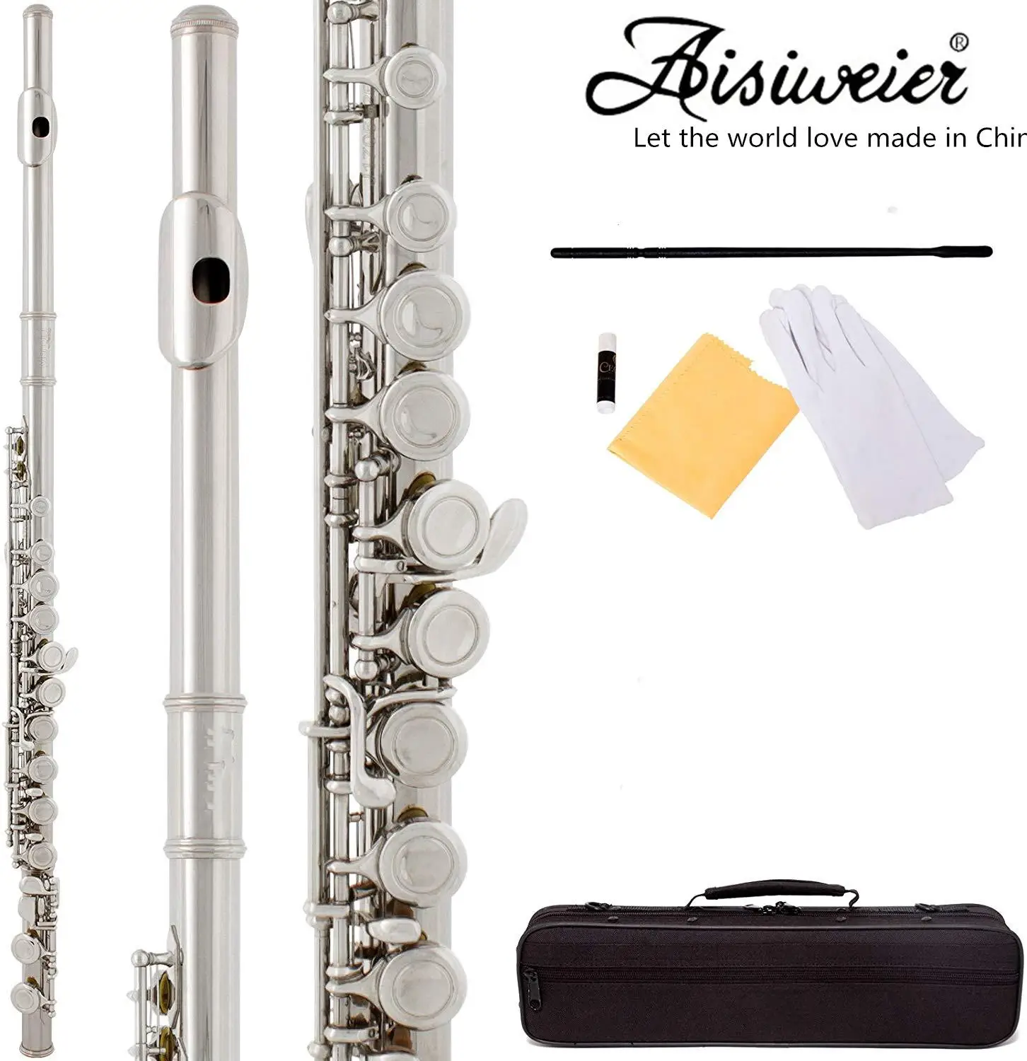 

16 Holes C Key Flute Cupronickel nickel Silver Plated Concert Flute with Cleaning Cloth Stick Gloves Screwdriver Padded Bag