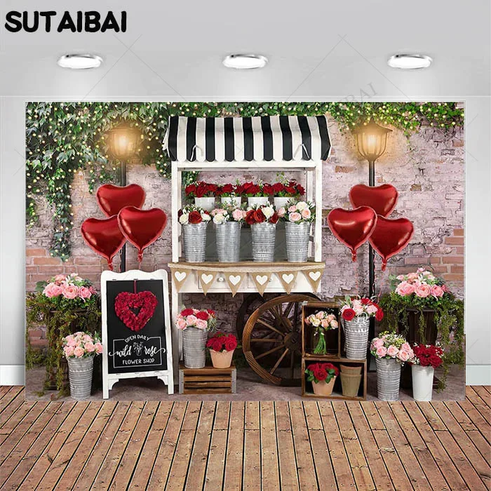 

Valentine's Day Rose Flower Cart Shop Photo Background Love Heart Balloon Newborn Child Portrait Photography Props Photo Studio