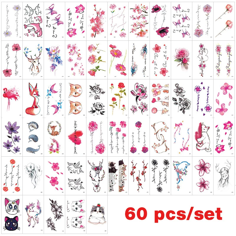 DORADOSUN 60 Pcs Waterproof Temporary Tattoo Sticker Animal Body Tatoo Art Women Fake Taty Tatuaje Cute FlowerTatto | Красота и