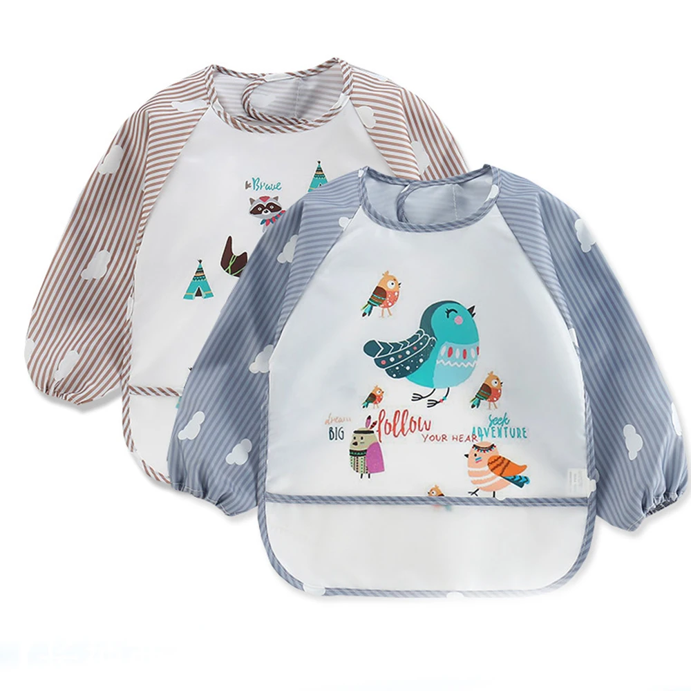 

Baby Boy Bibs Waterproof Long Sleeve Mickey Minnie Girl Bibs Kids Burp Cloth Feeding Bib with Pocket Child Apron Smock