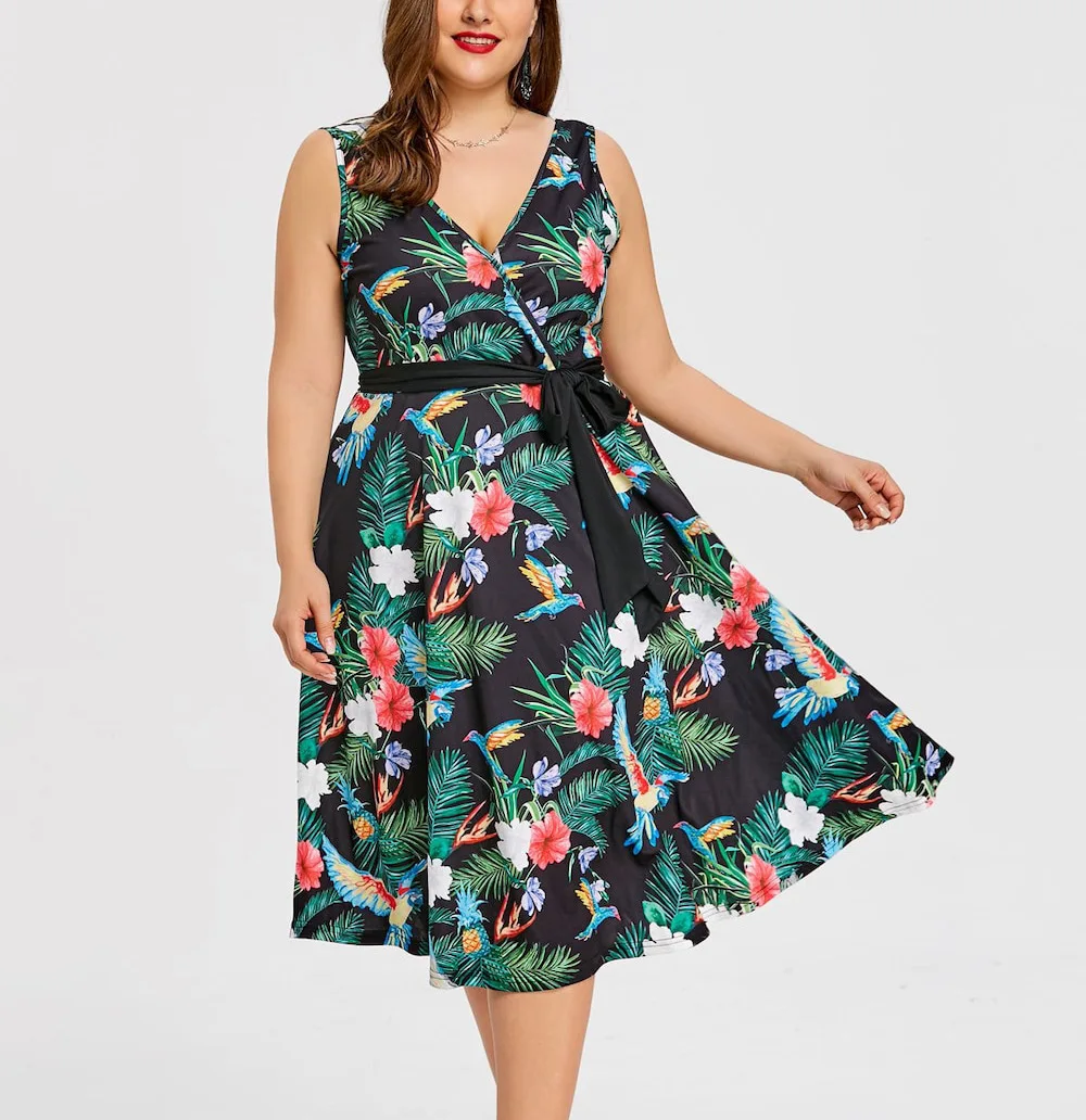 

2021 New Plus Size 5XL Women Dress Floral Print Summer Beach Boho Dress Belted Wrap Casual Party Dresses Big Size Vestidos