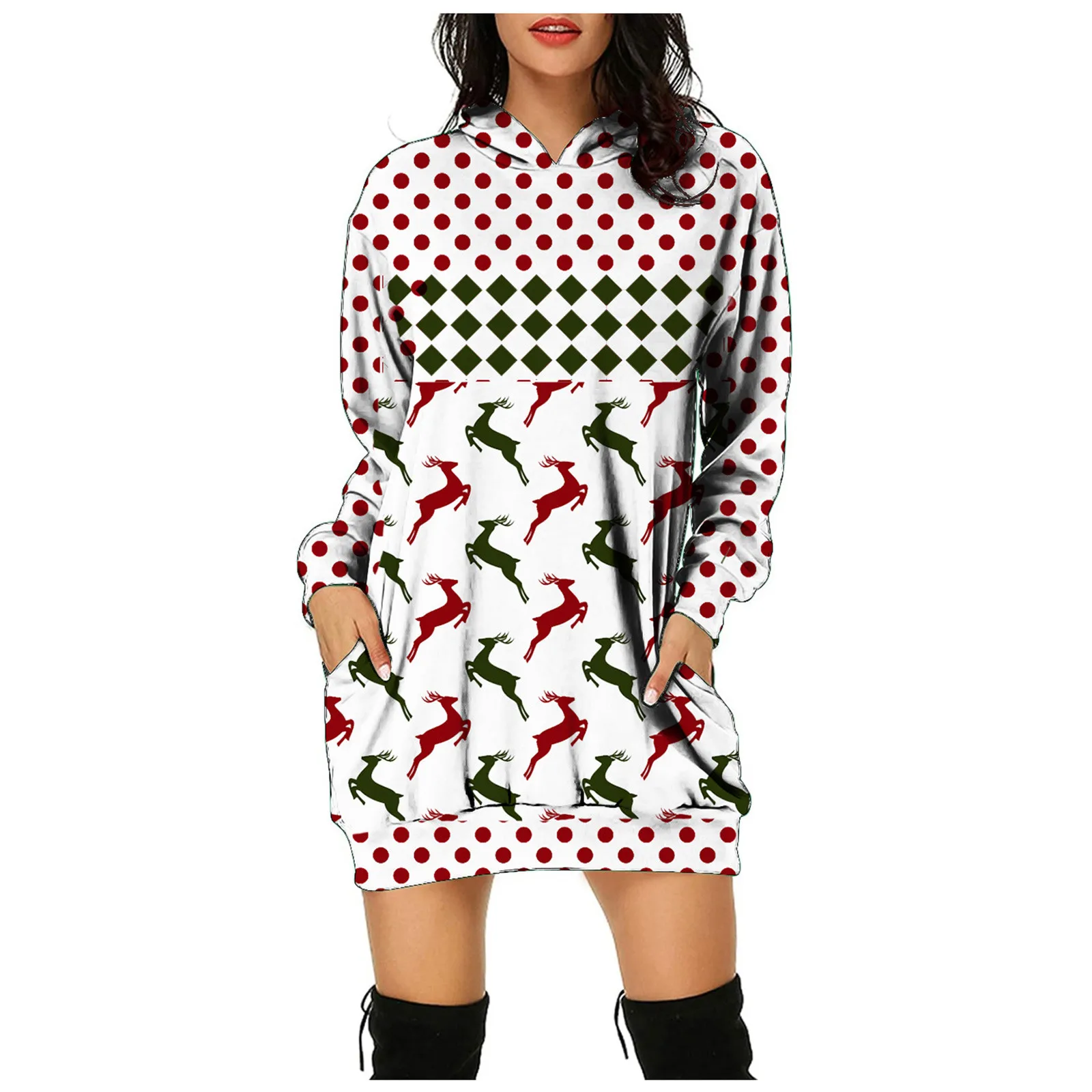 Женское осеннее платье с капюшоном длинным рукавом и карманами | Женская одежда