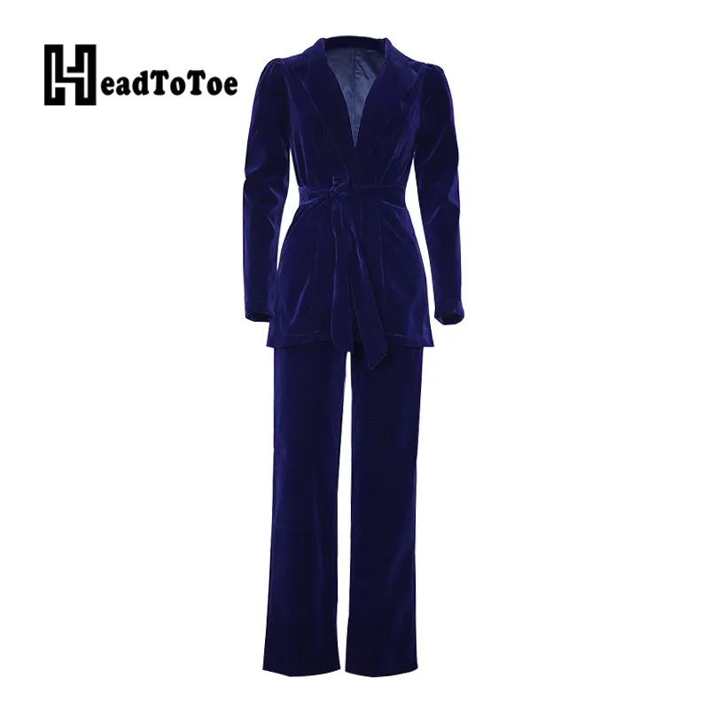 

Solid Sashes Pleated OL Elegant 2 Piece Set Women Full Sleeve Notched Straight Two Piece Outfits Woman