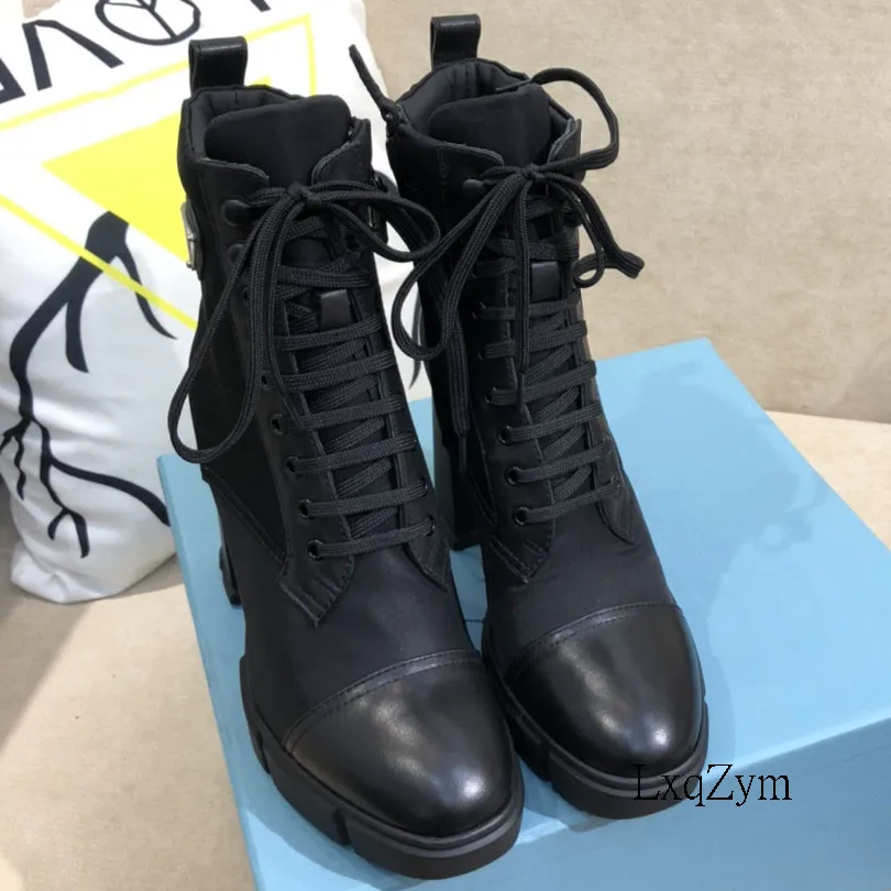 

Luxury Brand Ankle Martin Boots Women Genuine Round Toe Winter Office Zip Lace Up Nylon Patchwork High Heel Boot Ladies Shoes