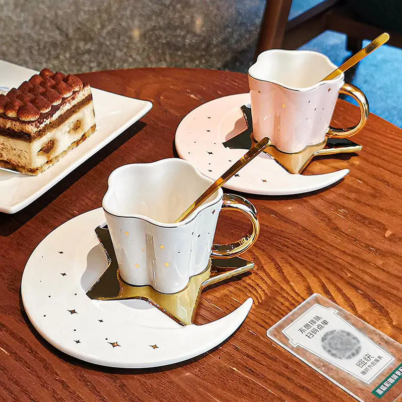 

High Grade Coffee Mugs with Spoon Dish Set Home Office Star Moon Style Teaware