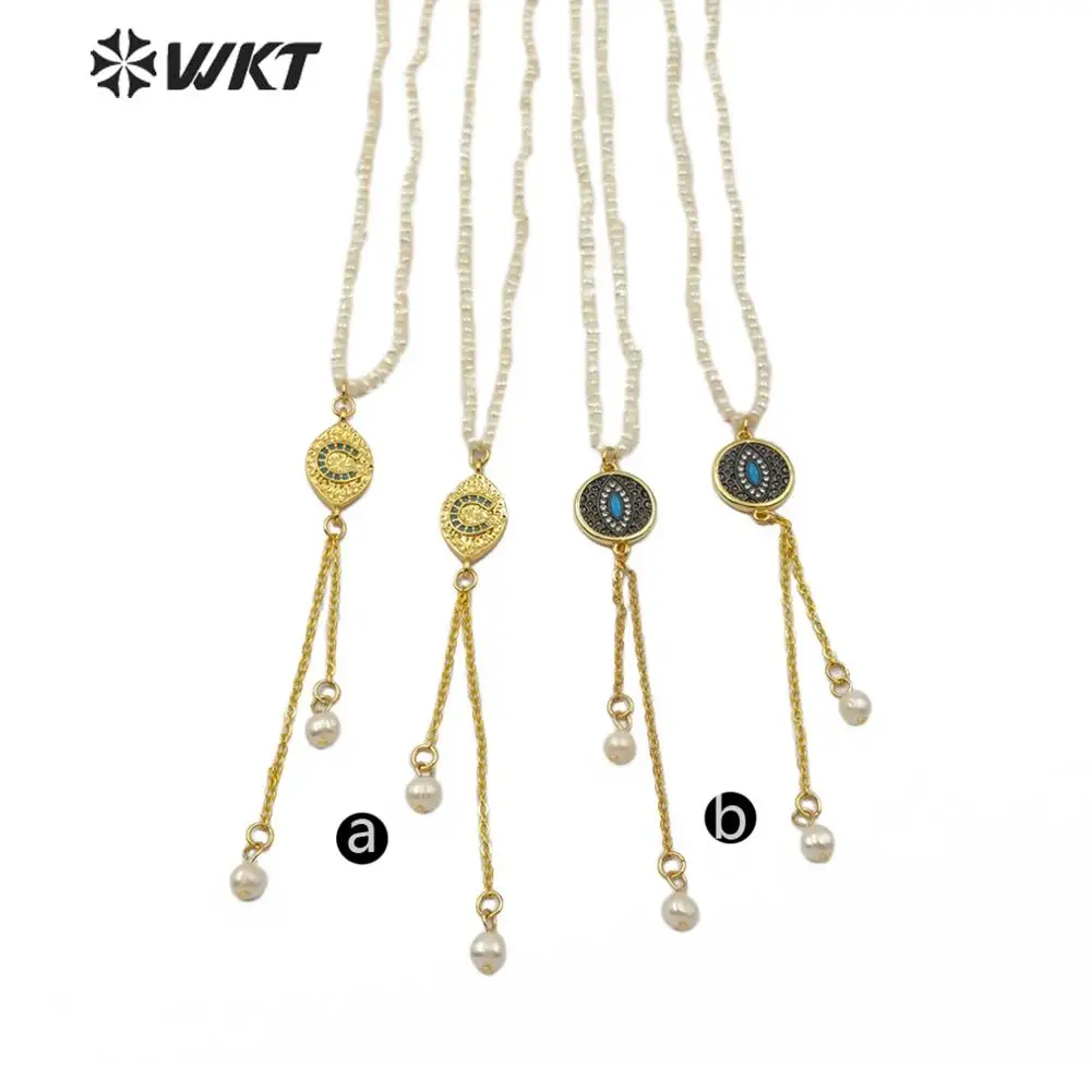 

WT-MN955 WKT CZ Pave Evil Eye Shape Pendant Necklace With Pearl Strand Necklace Fashion Necklace Jewelry 18 Inch +2 Inch Extend