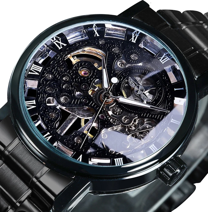 

WINNER Official Casual Skeleton Mechanical Watch For Man Steel Strap Roman Number Business Top Brand Luxury Men's Wristwatch