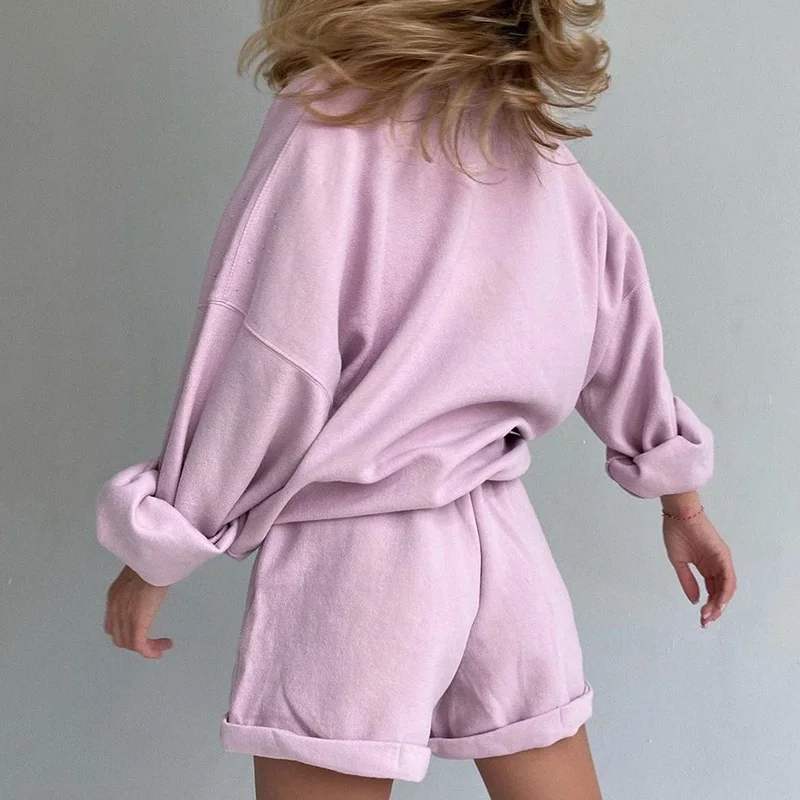 

InstaHot harajuku loose tracksuit set long sleeve basic two piece set for women 2020 tops and shorts cotton casual solid white