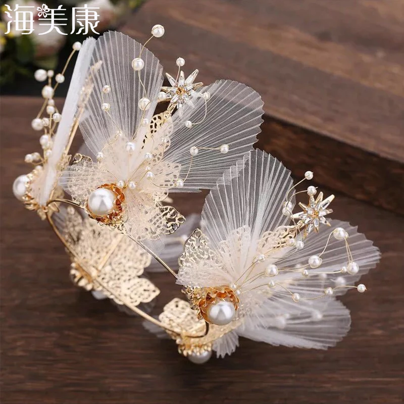 

Свадебные короны Haimeikang, блестящие Кристальные жемчужины, Свадебный комплект свадебных сережек ручной работы с круглой короной для невесты, аксессуары для волос в виде короны принцессы