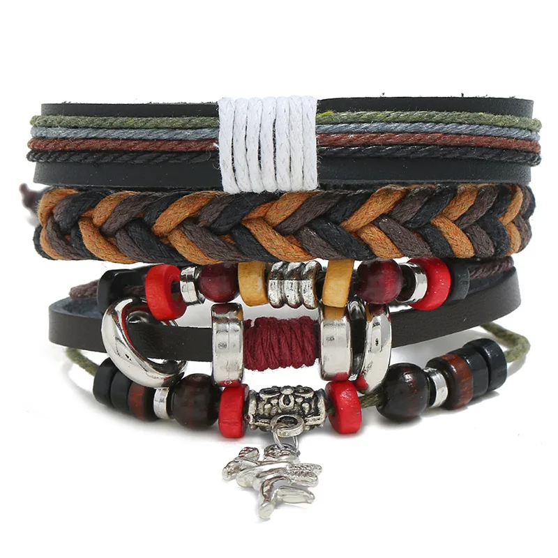 

AJC Men's Leather Braided Bracelet Retro Braided Cowhide Bracelet DIY three-piece set combination leather bracelet