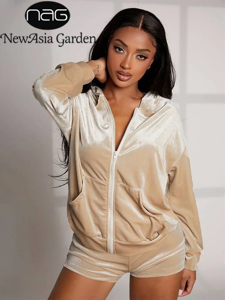 

NewAsia Velour 2 Piece Shorts Set Long Sleeve Pocket Zipper Hoodie And Elastic Waist Shorts Sets Women Spring Casual Loungewear