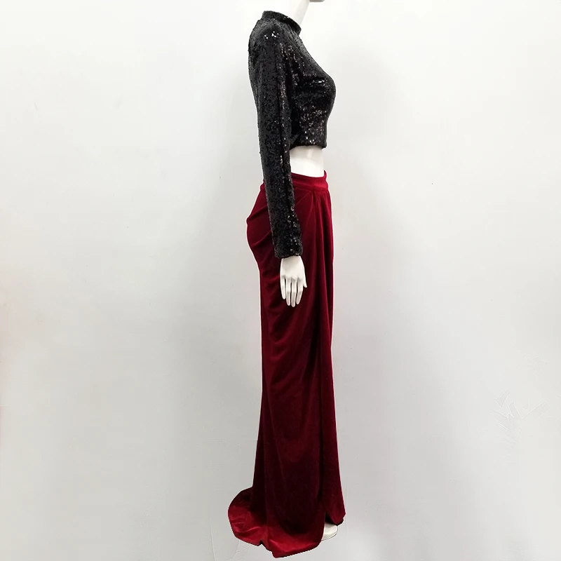 

Autumn 2019 two-piece set women's long-sleeved sequined top and mopping side slits long skirt fashion party sexy suit skirt