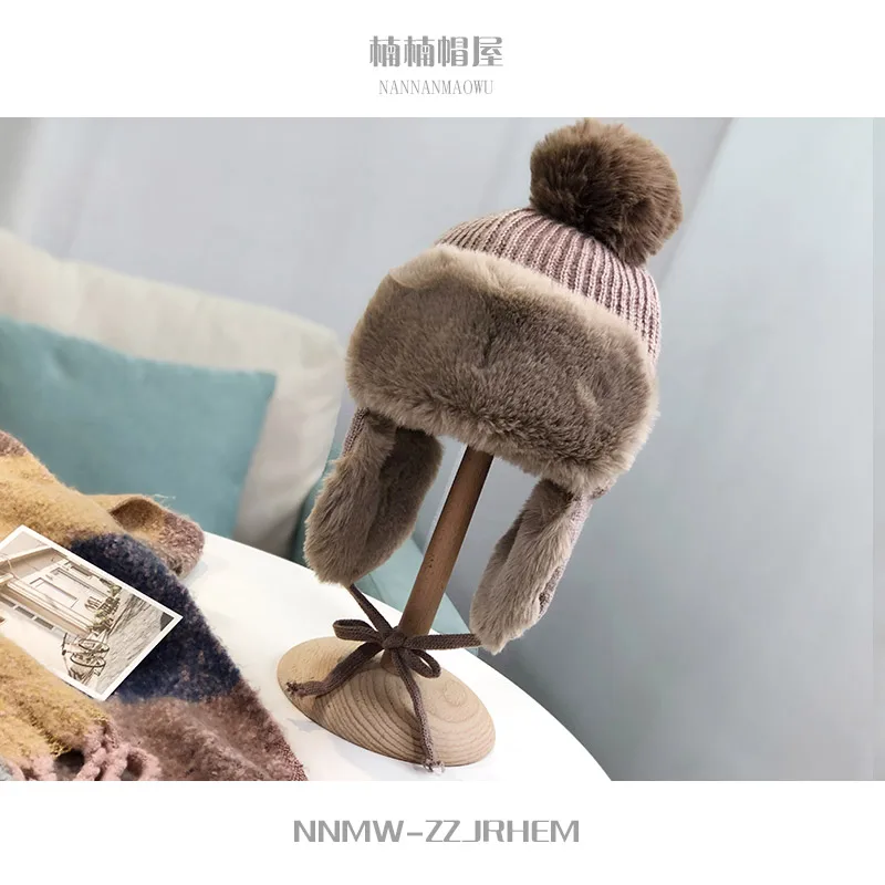 

Korean winter Plush knitted Lei Feng Hat Women's fashion fur ball ear cap youth leisure skiing warm hat
