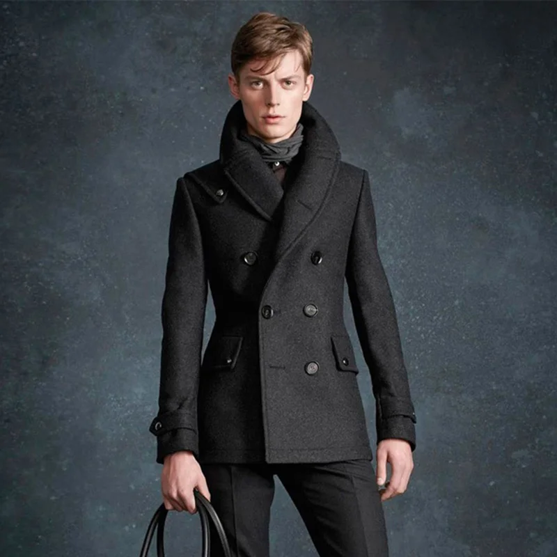 

woolen Men's coat Paris show handsome military style double row autumn and winter youth mid-length woolen trench coat