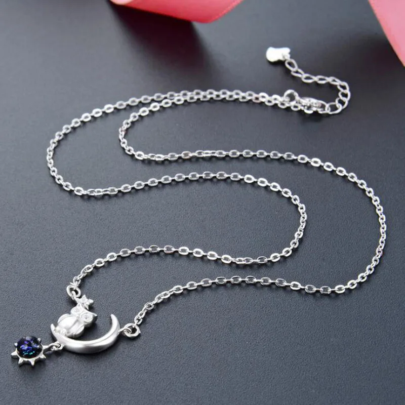 

100% 925 Sterling Silver Lucky CZ Owl in Moon With Glass Sun Pendant Necklaces Women Fine Jewelry Gift
