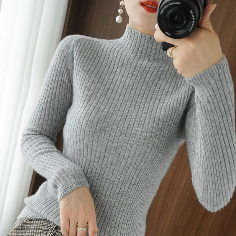 

Women Sweater 2021 Long Sleeve Half High Collar Slim Waist Knitted Pullovers Female Knitwear Lady Autumn Winter Basic Jumpers