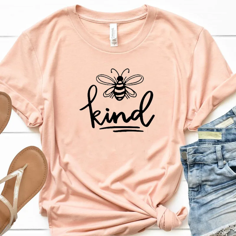 

100% Pure Cotton Women T Shirt Bee Kind Printed Tshirt Ladies Short Sleeve Tee Shirt Women Female Tops Clothes Camisetas Mujer