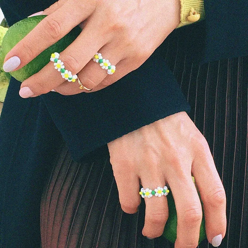 Милые кольца ручной работы с бусинами и цветами корейские разноцветные