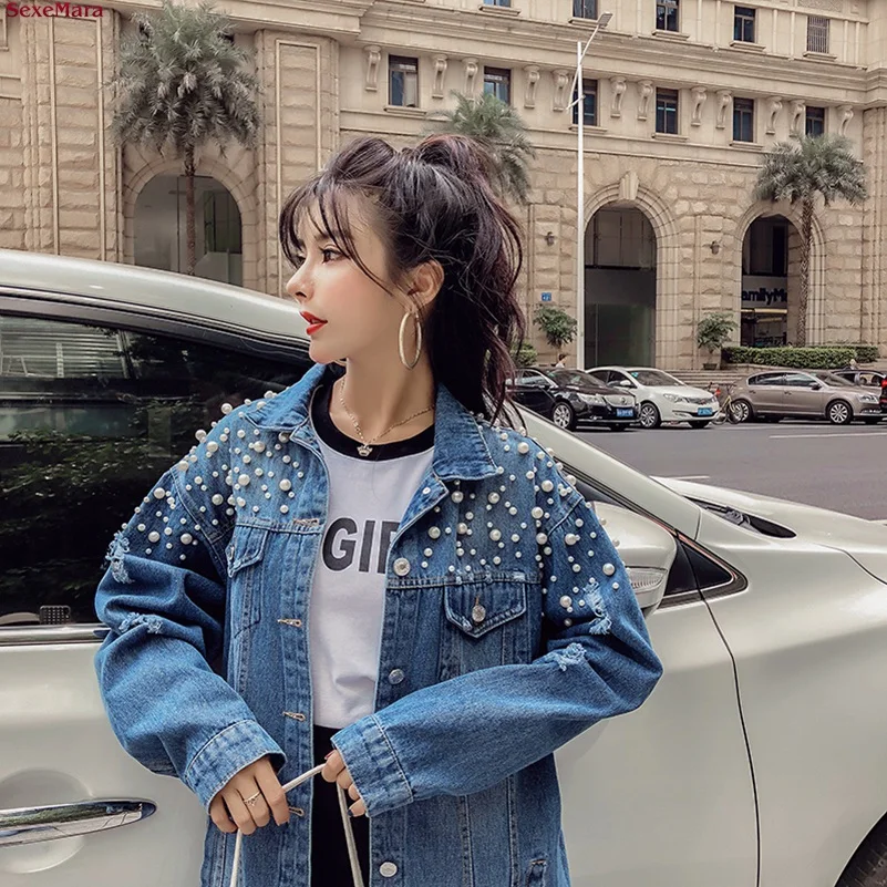 

Beading Hole Washed Denim Long Jean Jacket New Loose Free Shipping Harajuku Plus Size Coat Winter Women Jackets Streetwear Tunic