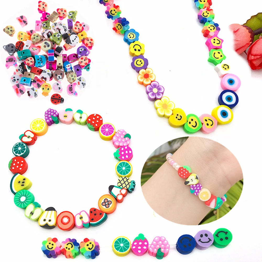 

30/50pcs Cartoon Animal Fruit Polymer Clay Beads 9mm Bracelet Loose Spacer Beads For Jewelry Making DIY Bracelet Necklace