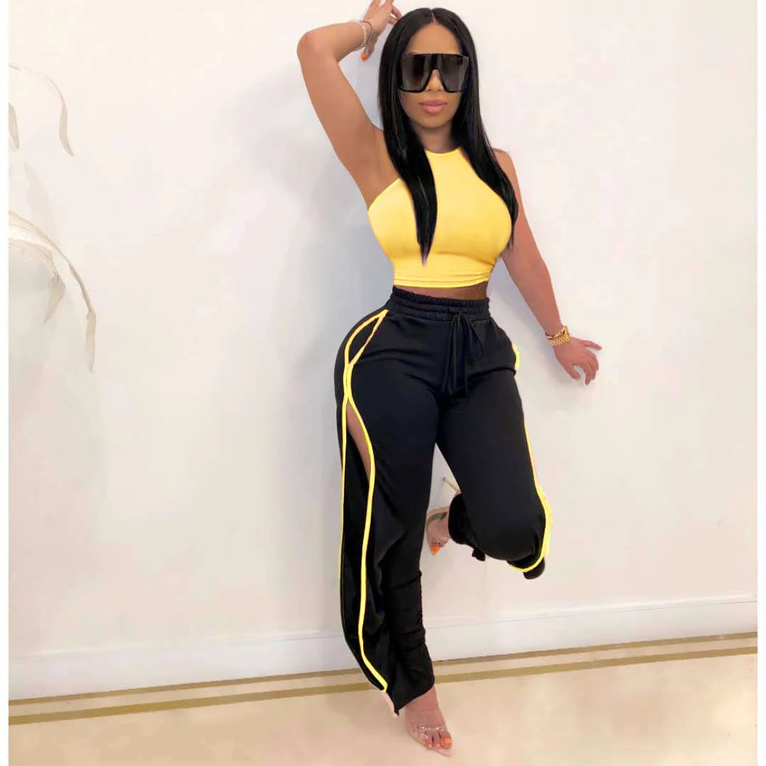 

Women 2 Piece Pants Sets 2021 Solid Crop Tank Tops and Side Split Sweatpants Outfits Woman Two Pieces Sets Tracksuits Female