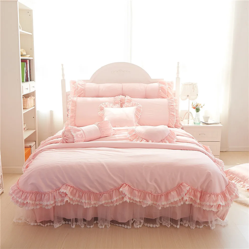 

2019 Cotton red pink Color Cotton lace Bedding Set Duvet Cover Set Bed Linen Tassels Luxury princess bed skirt sets bedclothes
