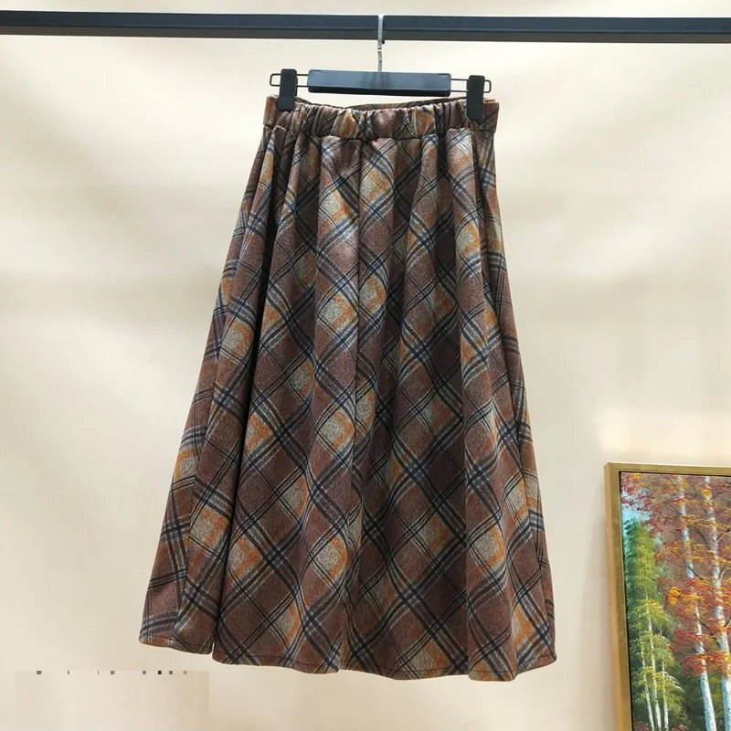 Autumn Winter High waist umbrella skirt a word skirt wild waist woolen female Flared new poncho skirt Plaid Long skirt