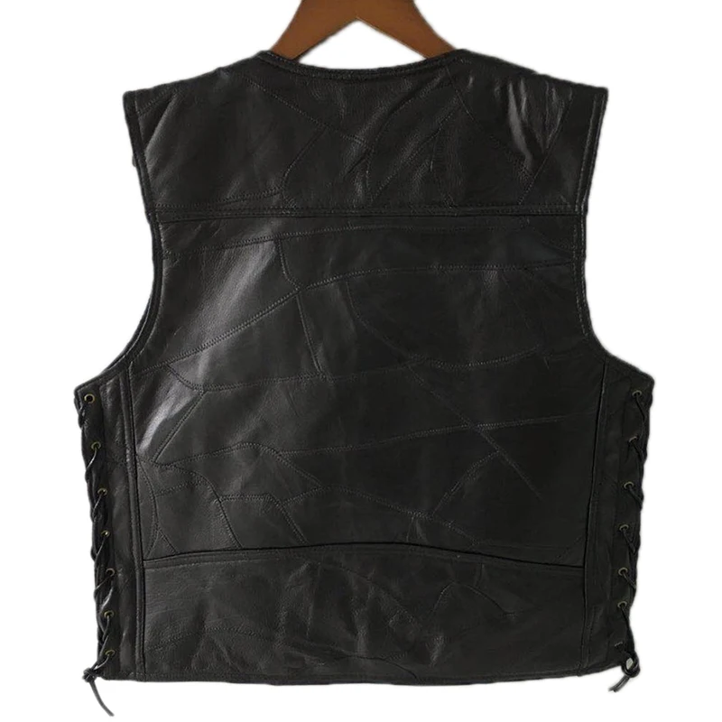 Black Leather Motorcycle Vest For Men Genuine Punk Biker Lace Button Autumn Sleeveless Jacket | Мужская одежда