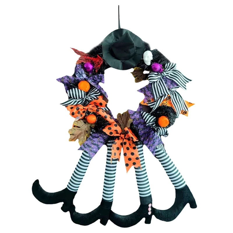 

Halloween Wreath with 4Pcs Witch Legs Hat Pumpkin Artificial Maple Leaves Front Door Hanging Garland Festival Party Supplies