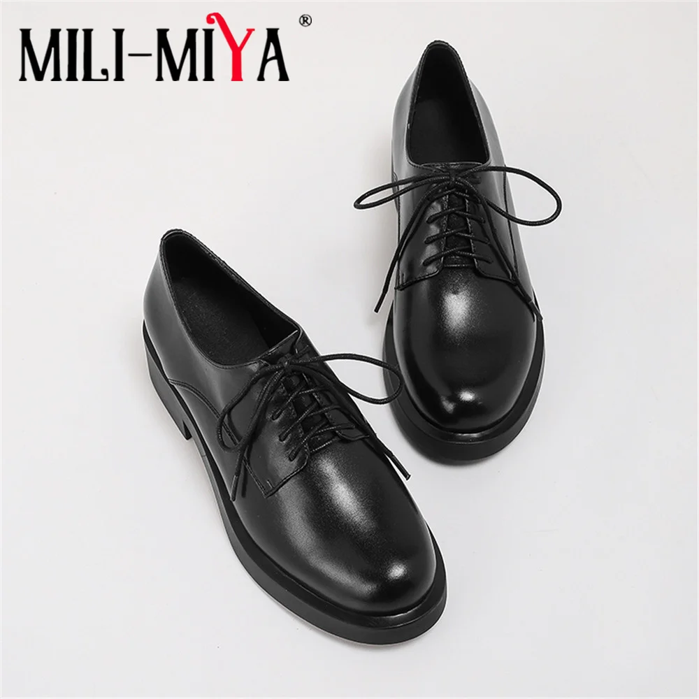 

MILI-MIYA Classic Lace Up Women Cow Leather Pumps Low Thick Heels Round Toe Fashion Street Office Career Shoes Size 35-40