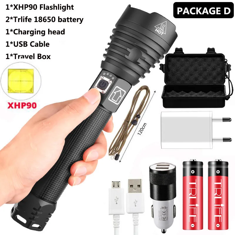 Option D Самый мощный светильник XHP90 светодиодный вспышка светильник USB масштабируемый фонарь 3 режима лампы 18650 26650 Перезаряжаемые Батарея для кемпинга - Испускаемый цвет: Option D