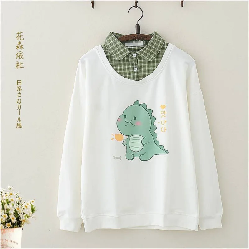 

Japanese Mori girl cute little dinosaur print stretch fake two-piece lapel long-sleeved Sweatshirts Women