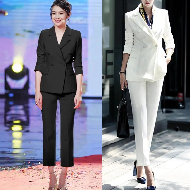 

2 Piece Set Women Suit Female 2019 New White Casual Formal Suit Ms.OL Workwear Pants Suit Elegant Business Uniform Suit