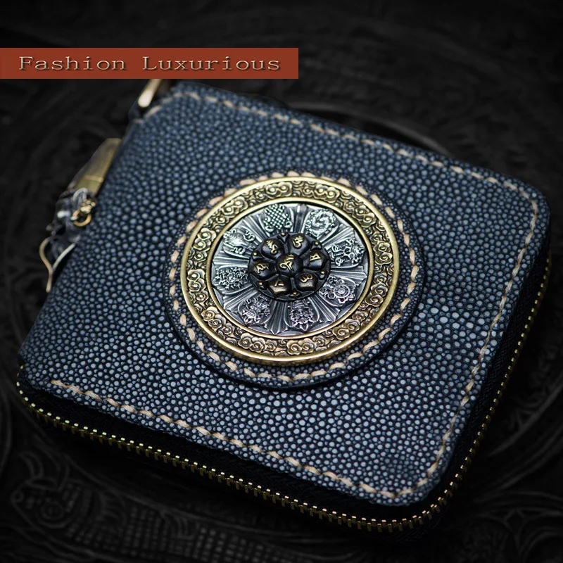 Кожаный кошелек унисекс ручной работы короткий на молнии с жемчужной рыбьей