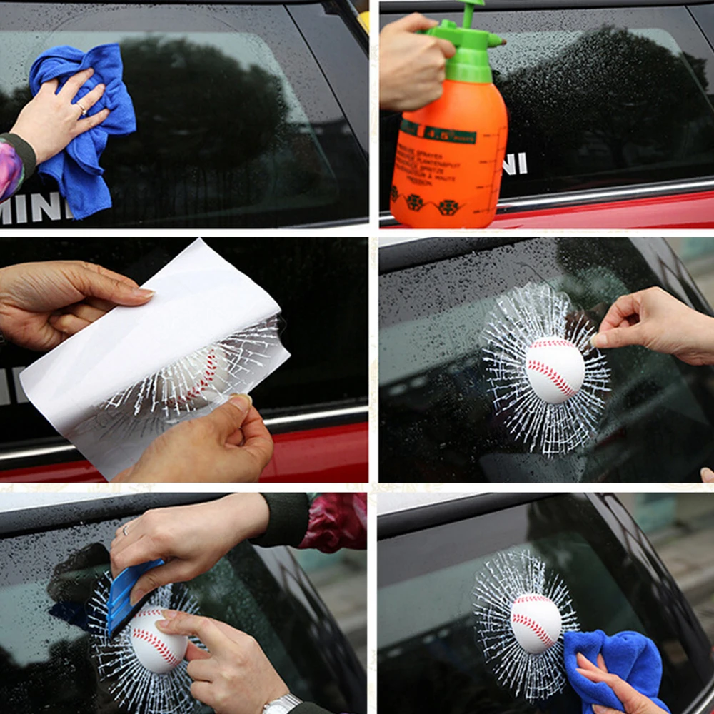 

3D Car Sticker Funny Toy Self Adhesive Decal Broken Glass Football Tennis Baseball Hits Car Window Windshield Car Accessories
