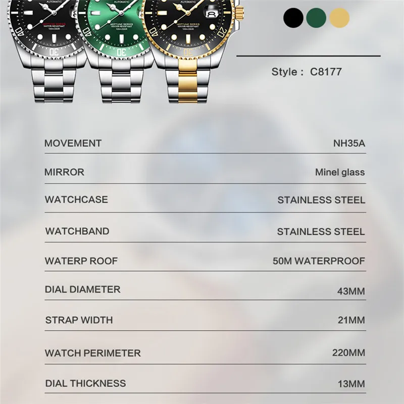 

CADISEN Japan Mechanical Movement Watch Men 100M Waterproof Top Brand Mechanical Watch Sapphire Mirror Relogio Masculino 2020