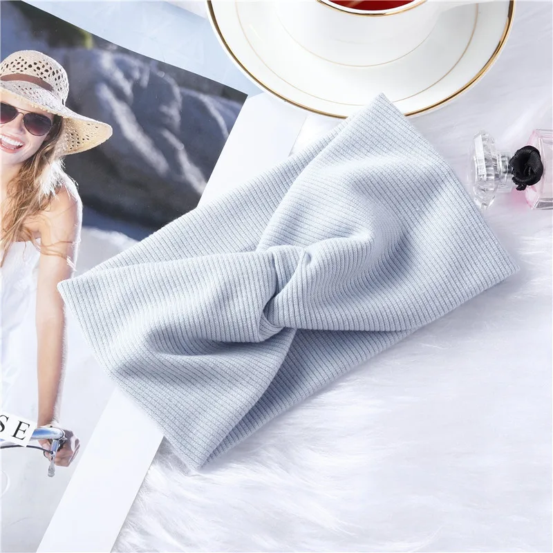 

Q Women Headband Solid Color Wide Turban Twist Knitted Cotton Hairband Spiral Double Girls Makeup Elastic Hair Bands Accessories