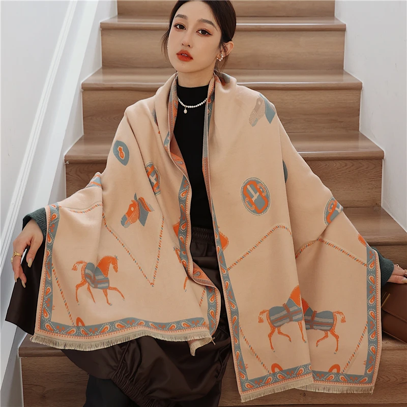 

Women Cashmere Scarf 2022 Luxury Horse Print Winter Pashmina Shawls Warm Blanket Wraps Female Foulard Brand Thick Hijab Stoles
