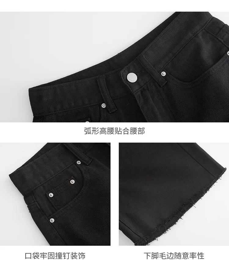 

Denim Knee Length Shorts Black Raw Wide Leg Jeans Shorts Women S,M,L,XL
