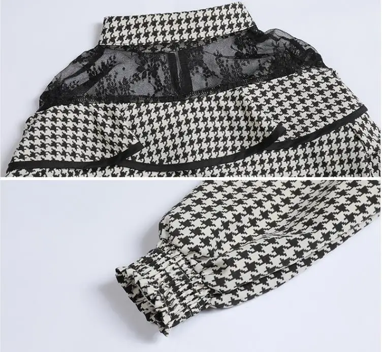 

New Spring Sweet Lady Vintage Houndstooth Chiffon Blouses Women Embroidery Ruffles Long Sleeve Elegant Patchwork Lace Shirt Tops