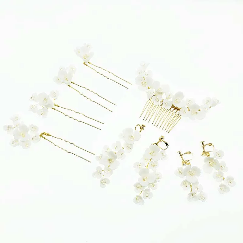 MYFEIVO керамические цветочные свадебные ювелирные наборы заколки для волос гребень Серьги Набор для женщин Свадебная вечеринка HQ1183