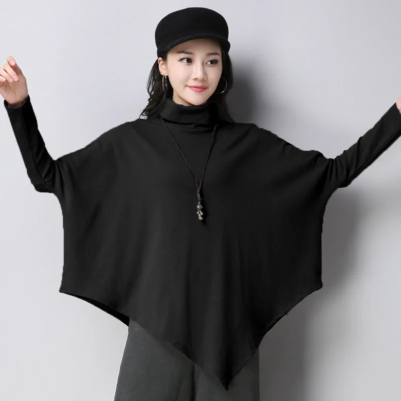 

2023 Turtleneck Fashion Women's T Shirt Women Thickening Winter Batwing Asymmetrical Tops Loose Casual T-shirts WXF692
